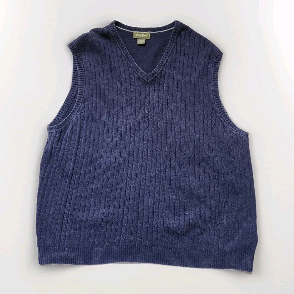 Eddie Bauer Cashmere Blend Cable Knit Sweater vest V Neck Faded Blue Sz XXL GUC